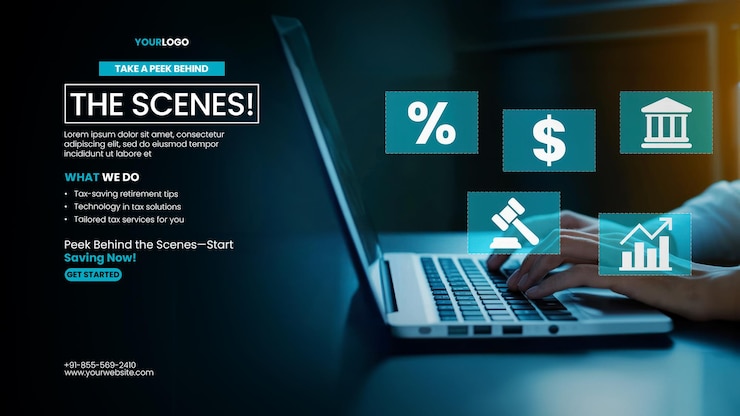 PSD estampa de pancarta de impuestos para expatriados con una persona escribiendo en una computadora portátil con íconos de impuestos y monedas flotando por encima