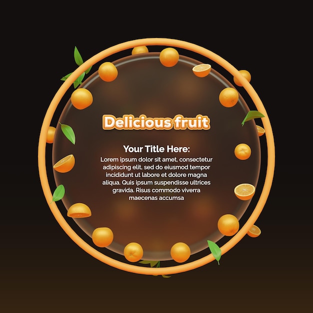 PSD estampado de banner de venda de frutas deliciosas com renderização laranja em 3d