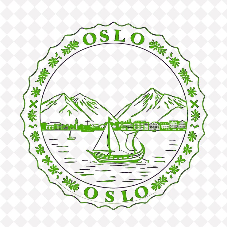 PSD estampilla de la ciudad de oslo con monocromática fjord teal color viking longship y decoración de las montañas noruegas
