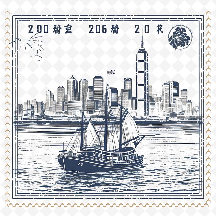 PSD estampilla png de la ciudad de hong kong con barco de basura de color gris monocromático y marco artístico único skyl minimalist