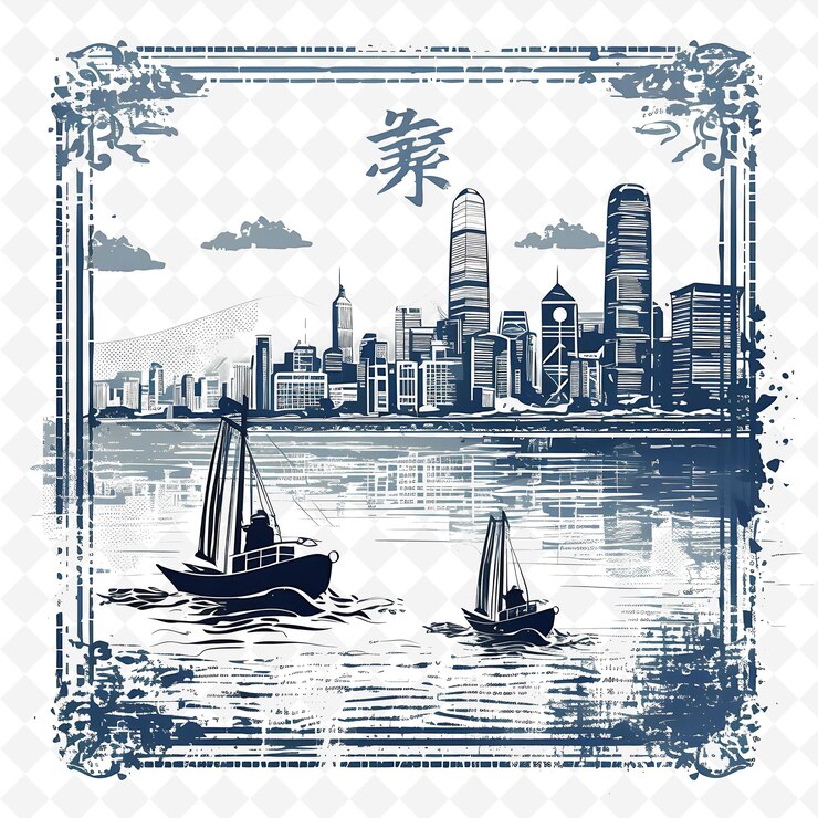 PSD estampilla png de la ciudad de hong kong con barco de basura de color gris monocromático y marco artístico único skyl minimalist
