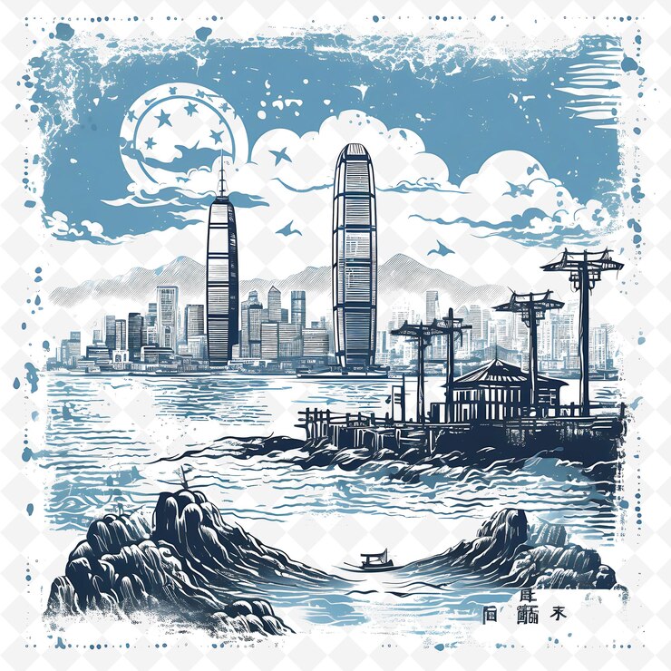 PSD estampilla png de la ciudad de hong kong con monocromático azul cielo color victoria harbo minimalista marco de arte único