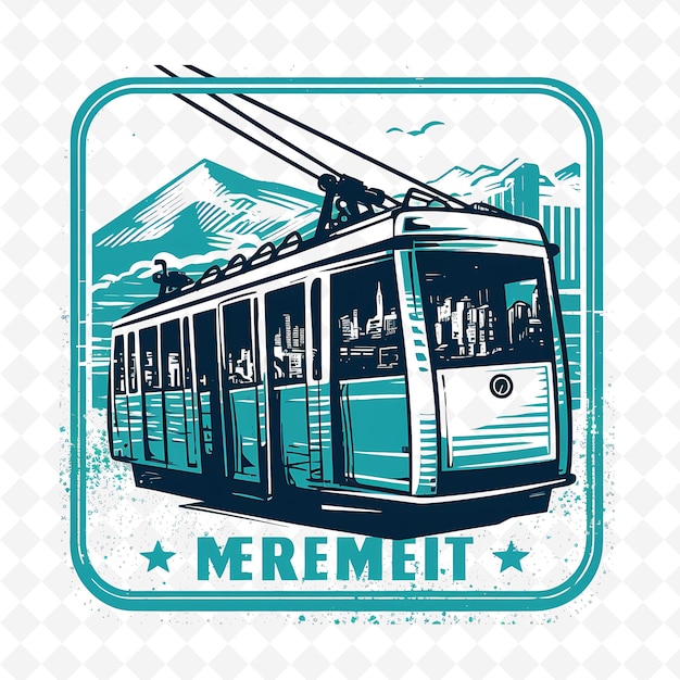 PSD estampilla png ciudad de medellín con monocromo color turquesa teleférico urbano minimalista marco de arte único