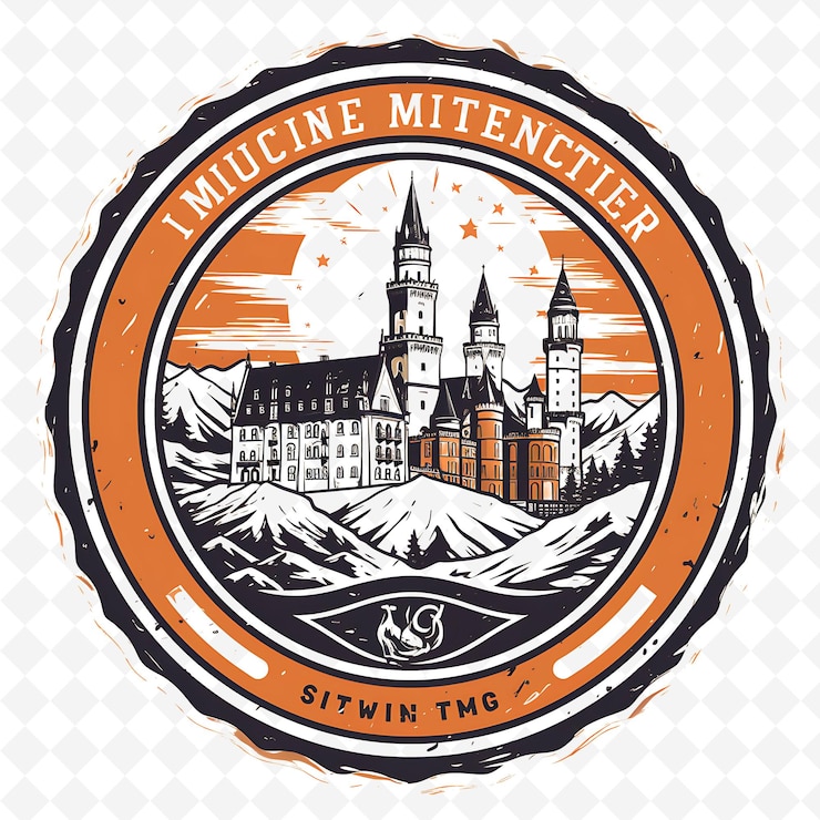 PSD estampilla png de la ciudad de múnich con monocromático amber brown color neuschwanstein minimalista marco de arte único