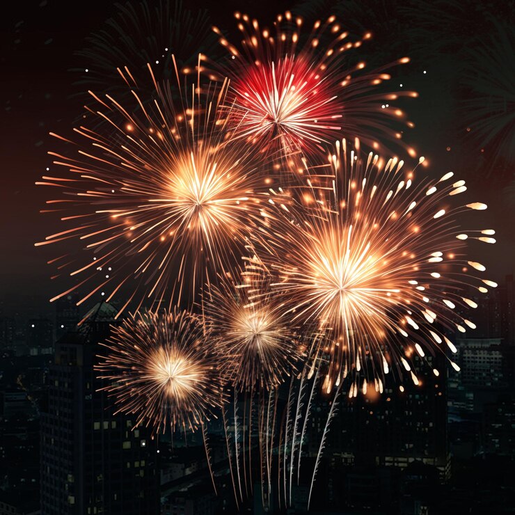 PSD se están lanzando fuegos artificiales desde el horizonte de una ciudad.
