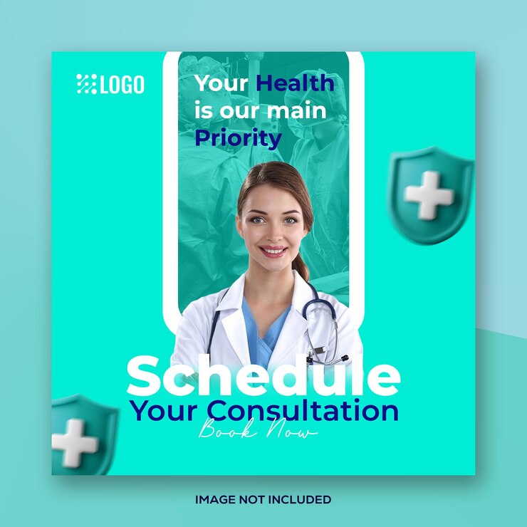Estándar de póster PSD de médico o volante de salud cuadrado con banner o post de redes sociales con foto