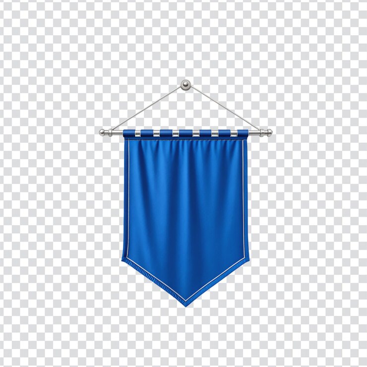 PSD estandarte azul en blanco colgado sobre un fondo transparente