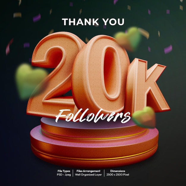 PSD estandarte de celebración para 20 k seguidores con estilo de letras texturizadas