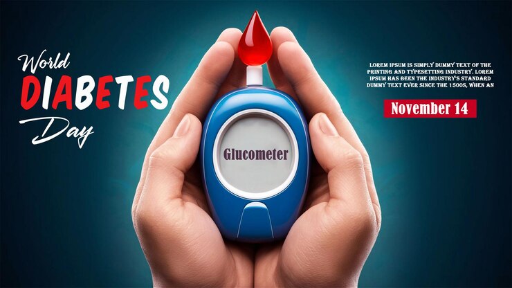 Estandarte conceptual del Día Mundial de la Diabetes con un glucómetro