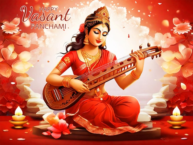 PSD estandarte creativo de vasant panchami con saraswati maa en un fondo de bokeh rojo