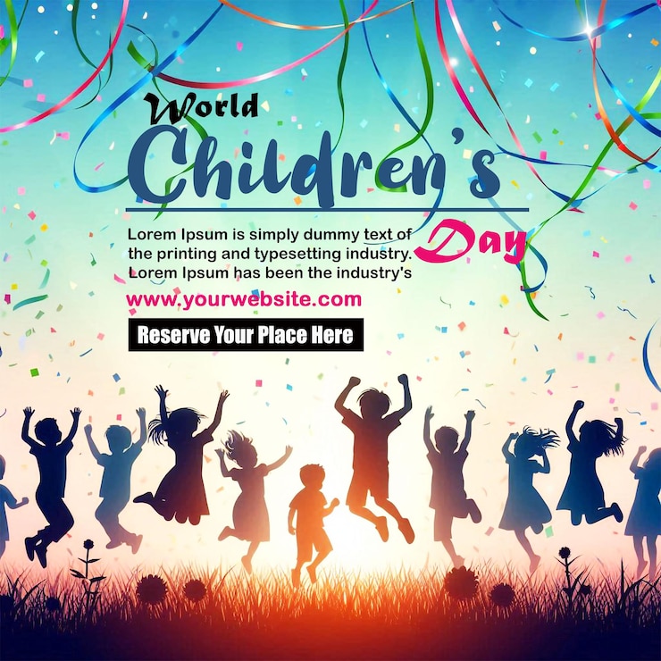 Estandarte del Día Mundial de la Infancia con niños jugando y celebrando al aire libre