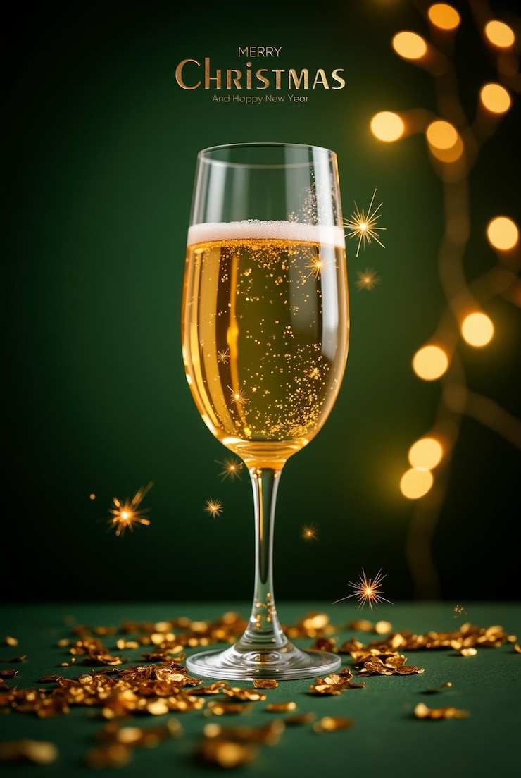 PSD estandarte de navidad con botella de champán en superficie de madera con fondo de bokeh del mar