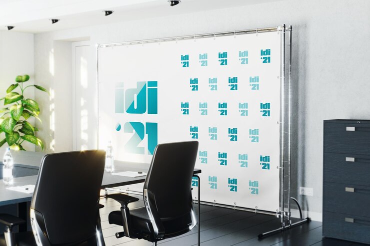 PSD estandarte de prensa en la pared de la sala de conferencias