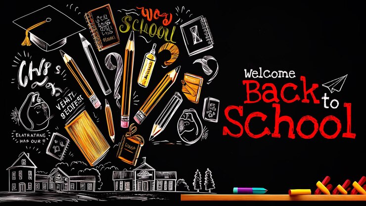 PSD estandarte de regreso a la escuela con materiales de dibujo sobre un fondo de color negro