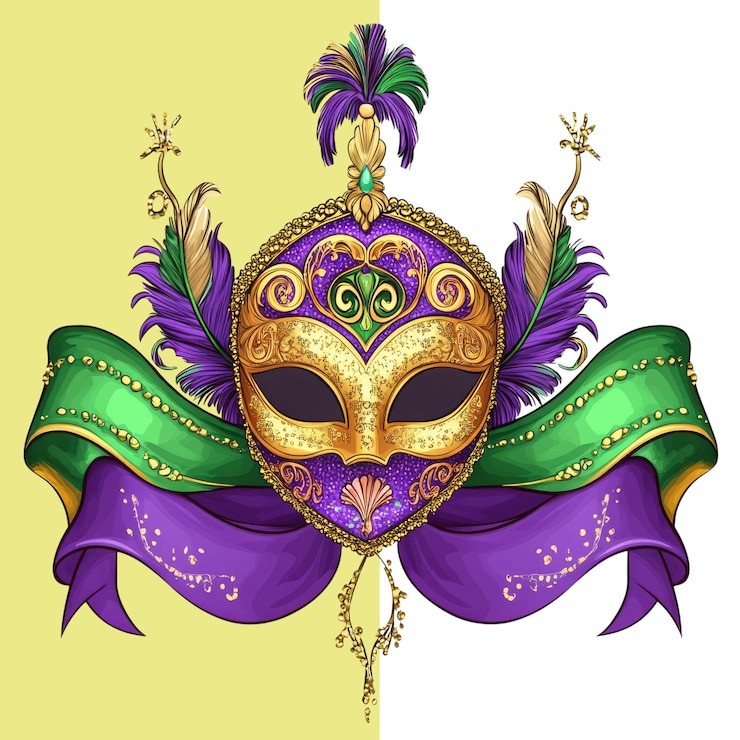 PSD estandarte temático de mardi gras con colores púrpura, verde y dorado una máscara de mardi gras en el medio con cintas a cada lado fondo blanco aislado fondo alfa transparente png