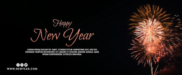 PSD estandarte de texto de año nuevo con imagen de fuegos artificiales de color naranja y amarillo sobre un fondo negro