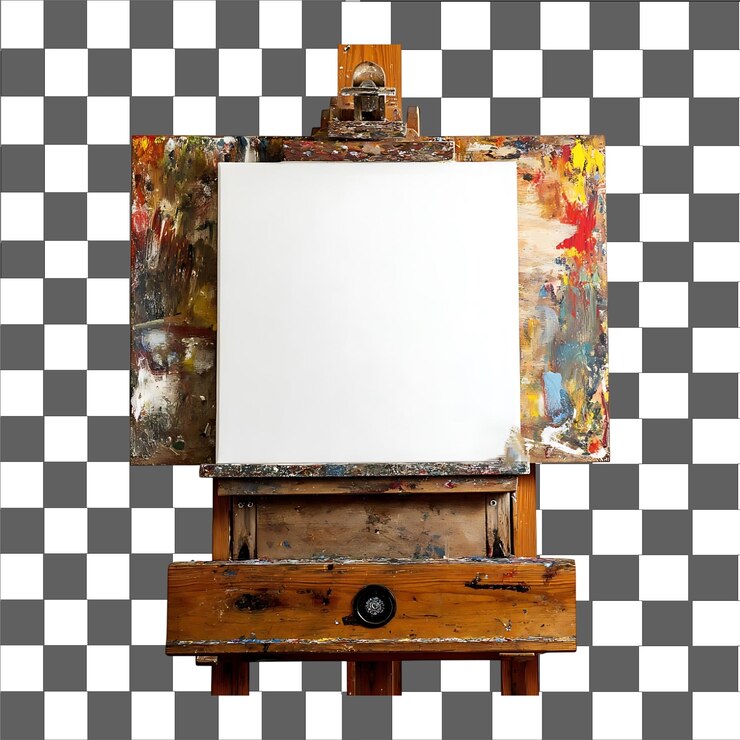 PSD estante de artista de madera vintage con lienzo en blanco y paleta salpicada de pintura para fotografía de arte