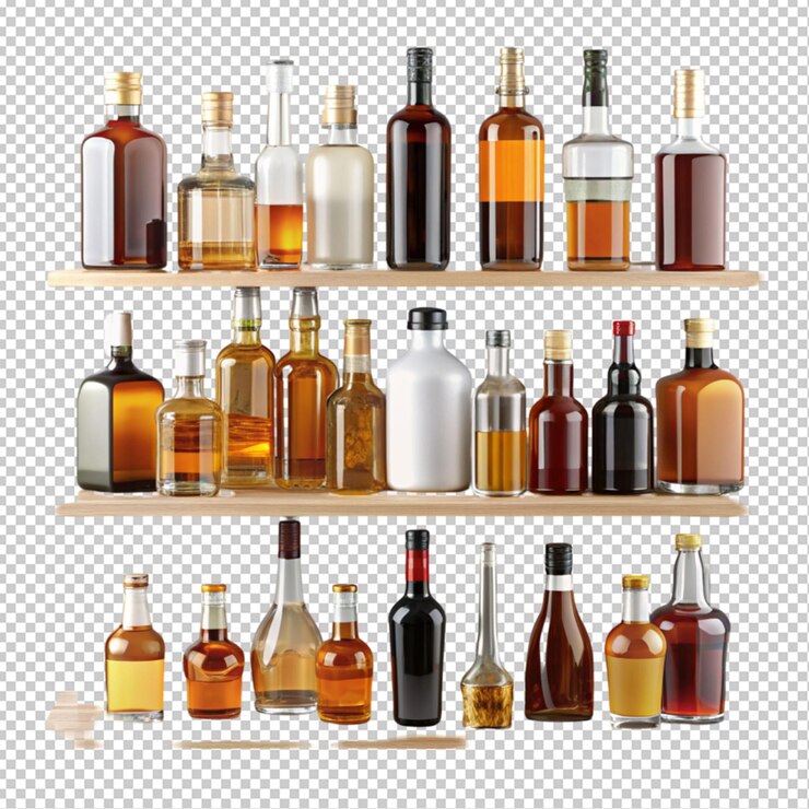 PSD estante de botellas de licor en un fondo transparente