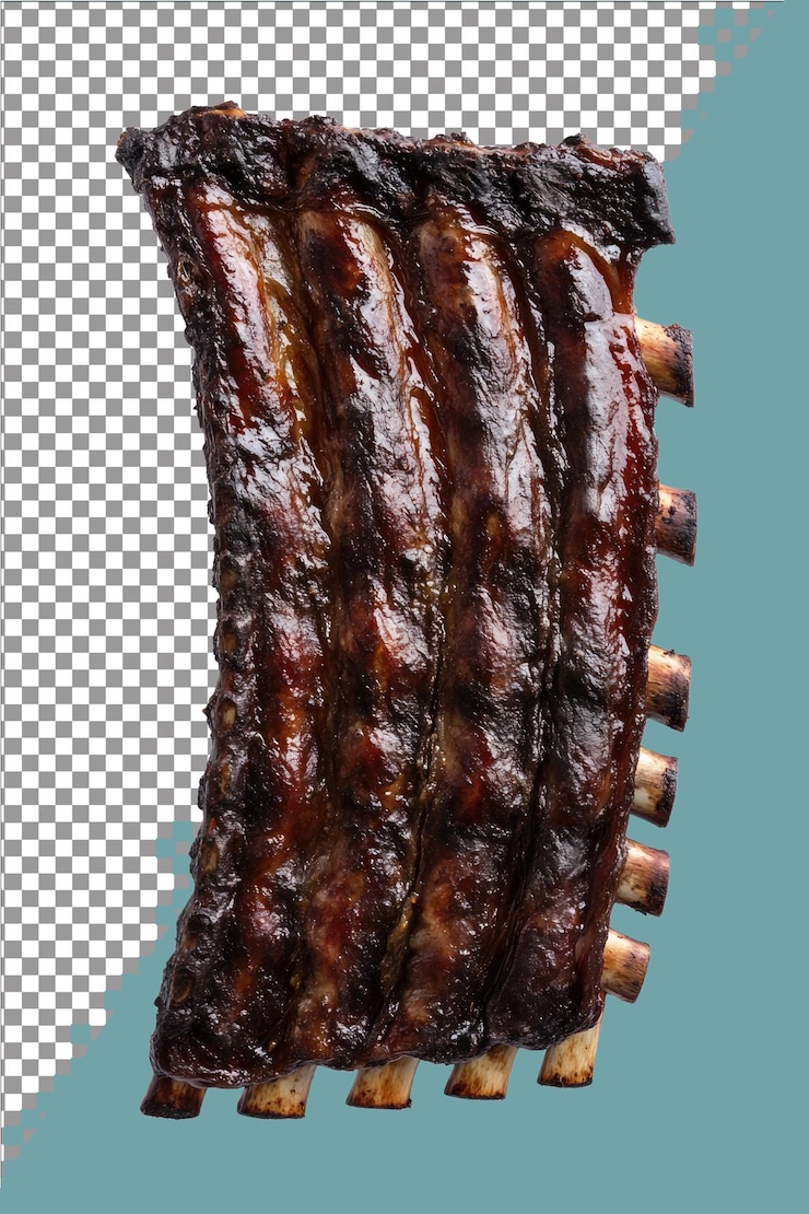 PSD el estante de costillas sostiene las costillas verticalmente para cocinar uniformemente hiperrealista aislado blanco plano transparente ba