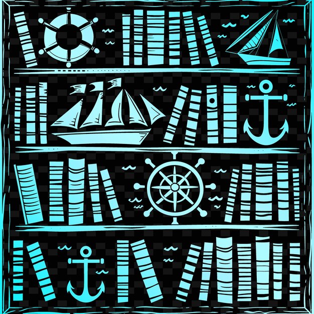 Estante de livros com tema náutico arte folclórica com design de roda de navio e ilustração coleção de motivos de decoração