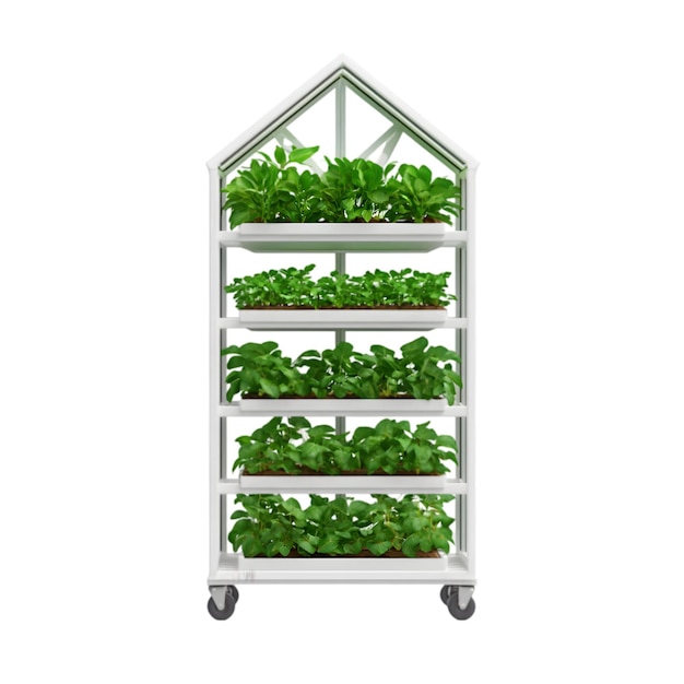 Estante de plantas interior com múltiplos níveis de plantas e vegetação isolada em fundo branco
