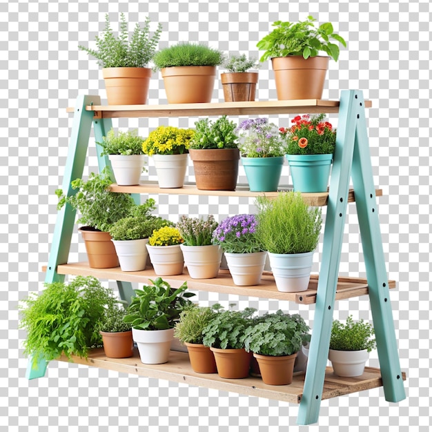 PSD estante de jardinería en niveles con hierbas y flores en macetas aisladas sobre un fondo transparente