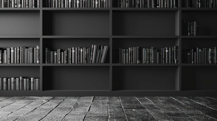 PSD un estante de libros negro lleno de libros contra un piso de baldosas negras