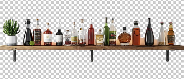 PSD estante de licor en la barra trasera aislado contra un fondo transparente