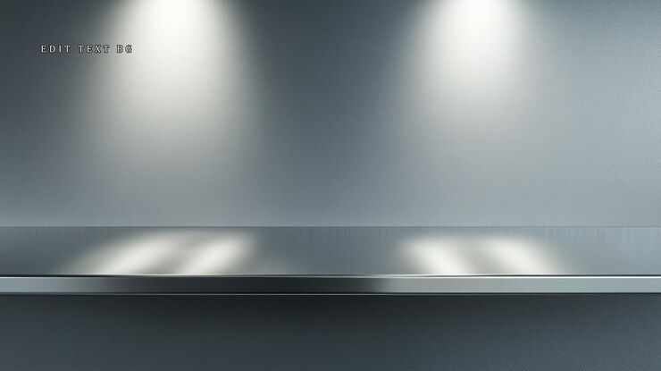 PSD un estante metálico vacío iluminado por focos contra una pared gris ideal para la exhibición de productos