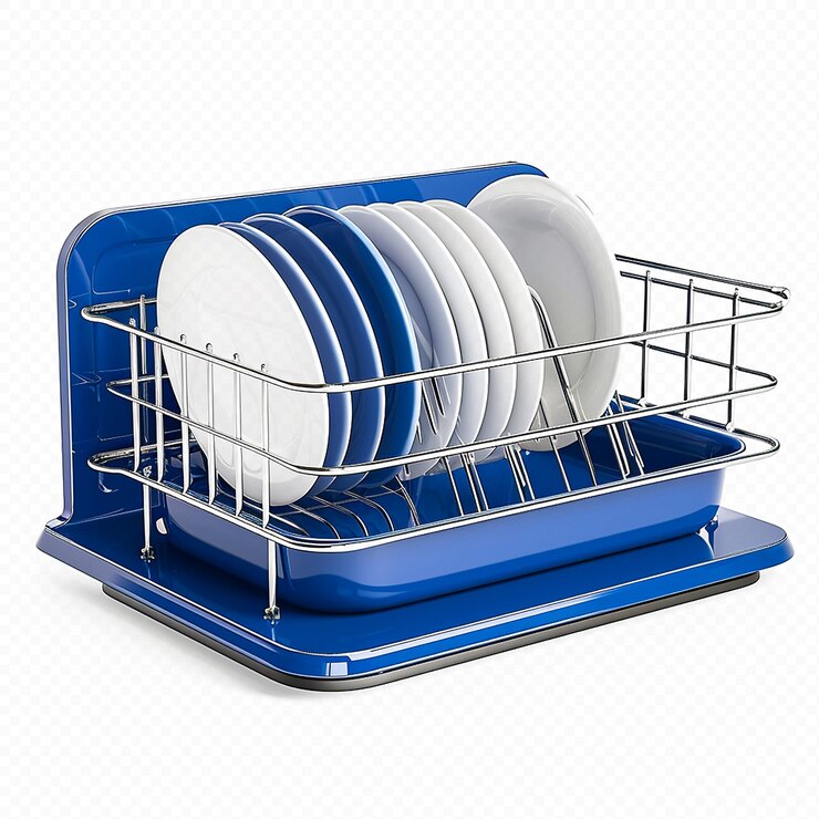 PSD un estante de platos azul zafiro simple pero elegante para el almacenamiento organizado de la cocina en un fondo transparente