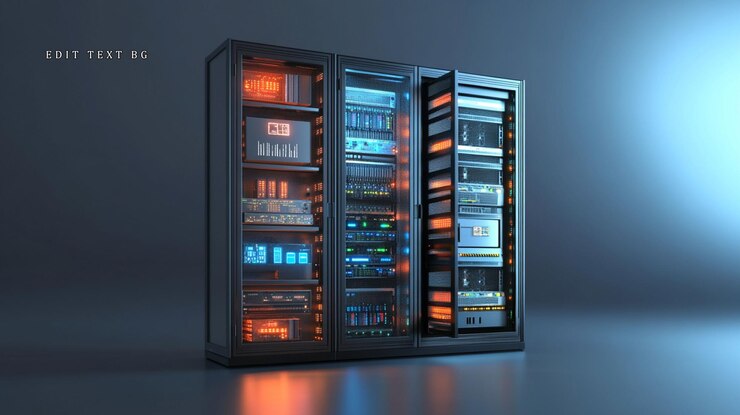 PSD el estante de servidores futurista con componentes brillantes y puertas abiertas que muestran el hardware interno