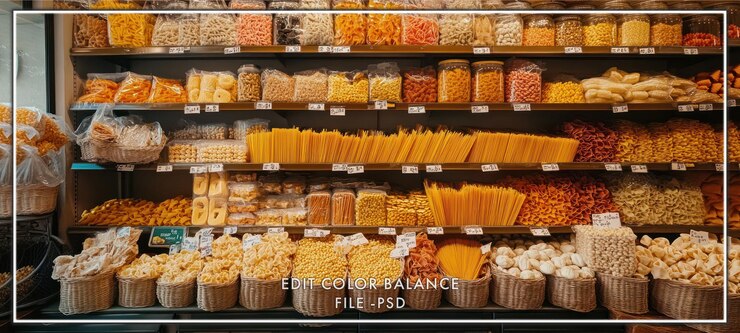 PSD un estante de la tienda de comestibles bien abastecido con varios tipos de pasta