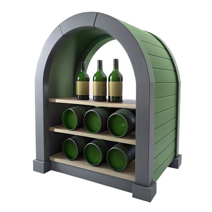 PSD un estante de vino con botellas en él y una puerta verde