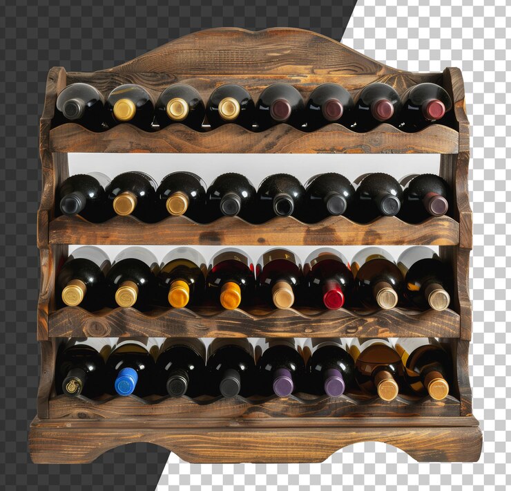 PSD estante de vino de madera con cuatro niveles y botellas expuestas
