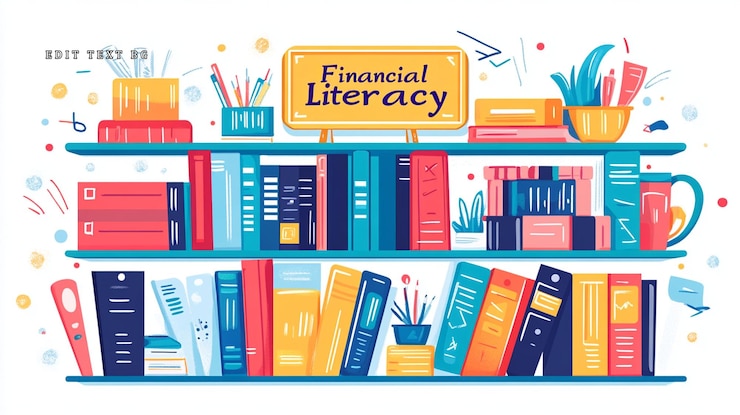 PSD una estantería colorida llena de libros sobre alfabetización financiera