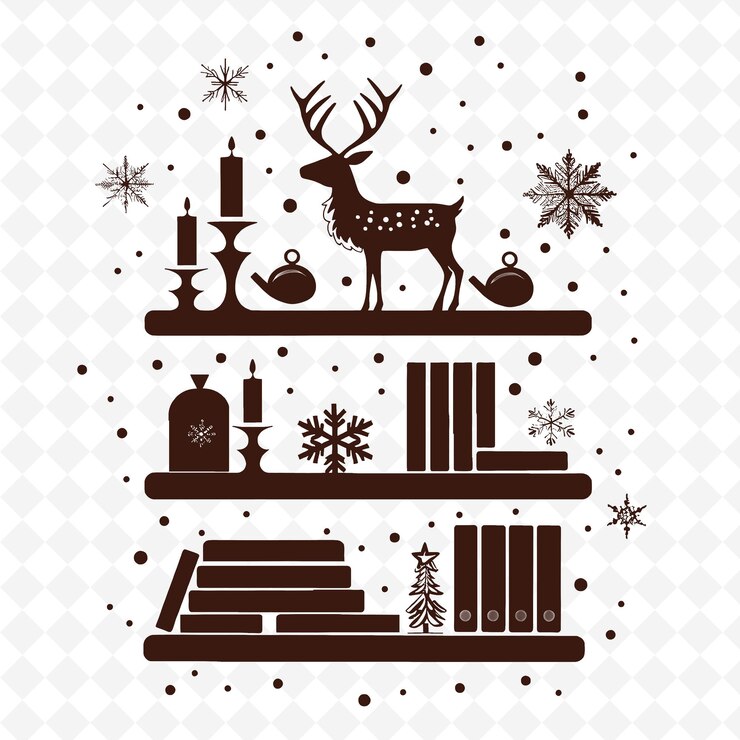 PSD estantería de estilo escandinavo con diseño de renos y colección de motivos de decoración de ilustración de snowfl