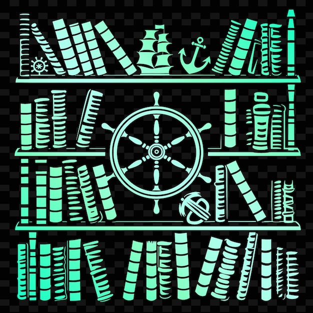 PSD estantería de libros con temática náutica arte folclórico con diseño de rueda de barco y colección de motivos de decoración de ilustraciones