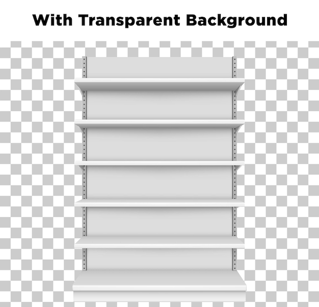 Estantes brancas vazias com fundo transparente