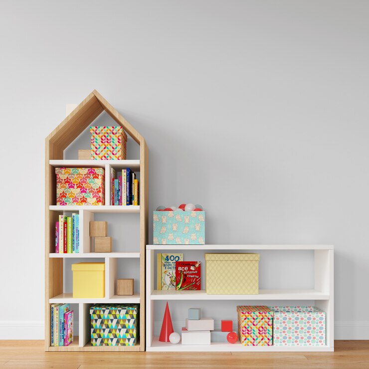 estantes con cajas de colores