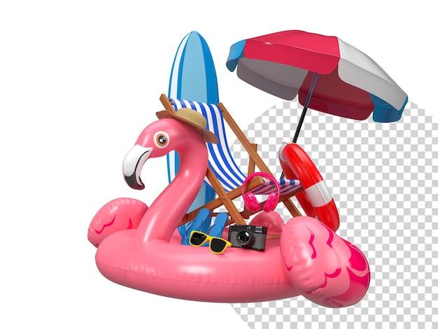 Estate e concetto di viaggio Pianificazione del viaggio turistico Flamingo gonfiabile con ombrellone sedia a sdraio e diversi accessori elementi dell'estate per il rendering 3d delle vacanze