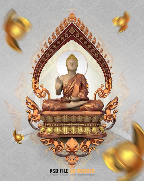 una estatua de Buda con una cinta de oro en la cabeza y un anillo de oro