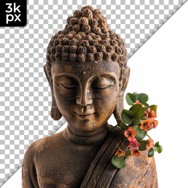 una estatua de un Buda con flores y una imagen de un Buda