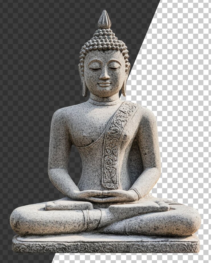 PSD estatua de buda de granito de papua nueva guinea en postura meditativa al aire libre