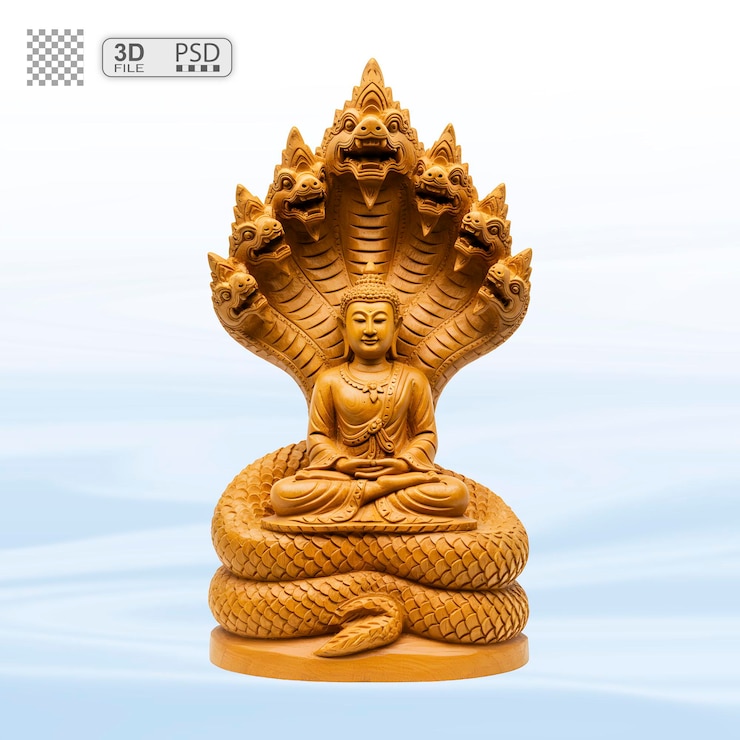 PSD estatua de buda con siete cabezas naga tallada en madera arte religioso