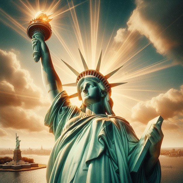 PSD estátua da liberdade hiperrealista nova york skyline estados unidos símbolo da liberdade cartaz imagem