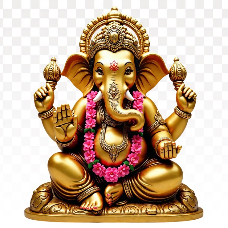 PSD estatua dorada de ganesha con una guirlanda rosada