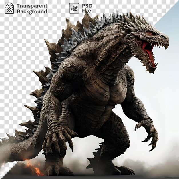 una estatua de Godzilla se encuentra erguida contra un cielo azul claro con un pie negro visible en primer plano