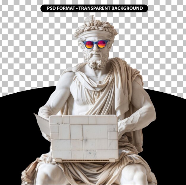 Estatua griega de mármol con una computadora portátil con gafas de sol de colores