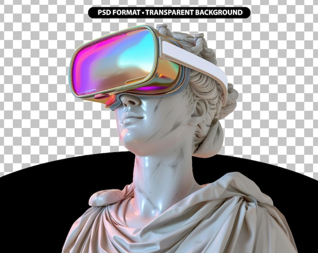 PSD la estatua griega de mármol sonriente lleva coloridas gafas de realidad virtual futuristas