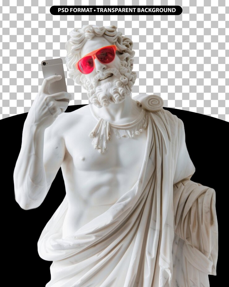 Estatua griega de mármol con teléfono y gafas de sol de colores